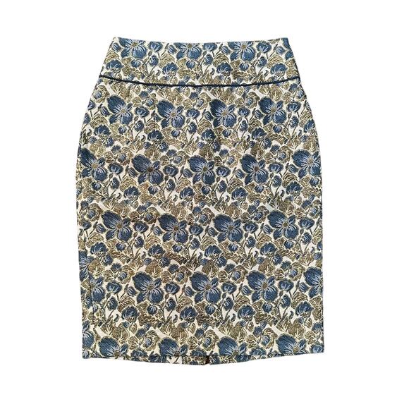 Magaschoni Collection blue gold & cream floral pencil skirt size 8 - Picture 1 of 9